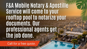 Image of a rooftop pool with a mobile notary legalizing documents.
